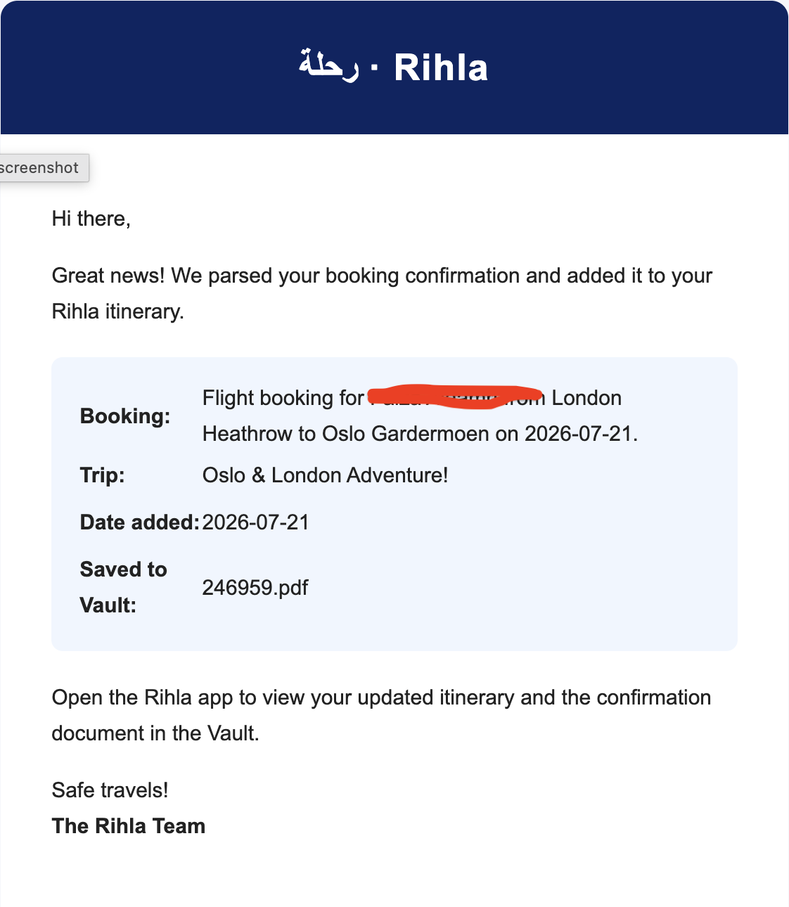 Rihla confirmation email: parsed flight booking added to your itinerary