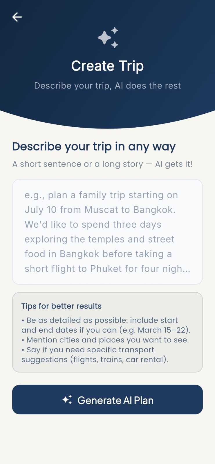 Create Trip: describe your journey for the AI planner