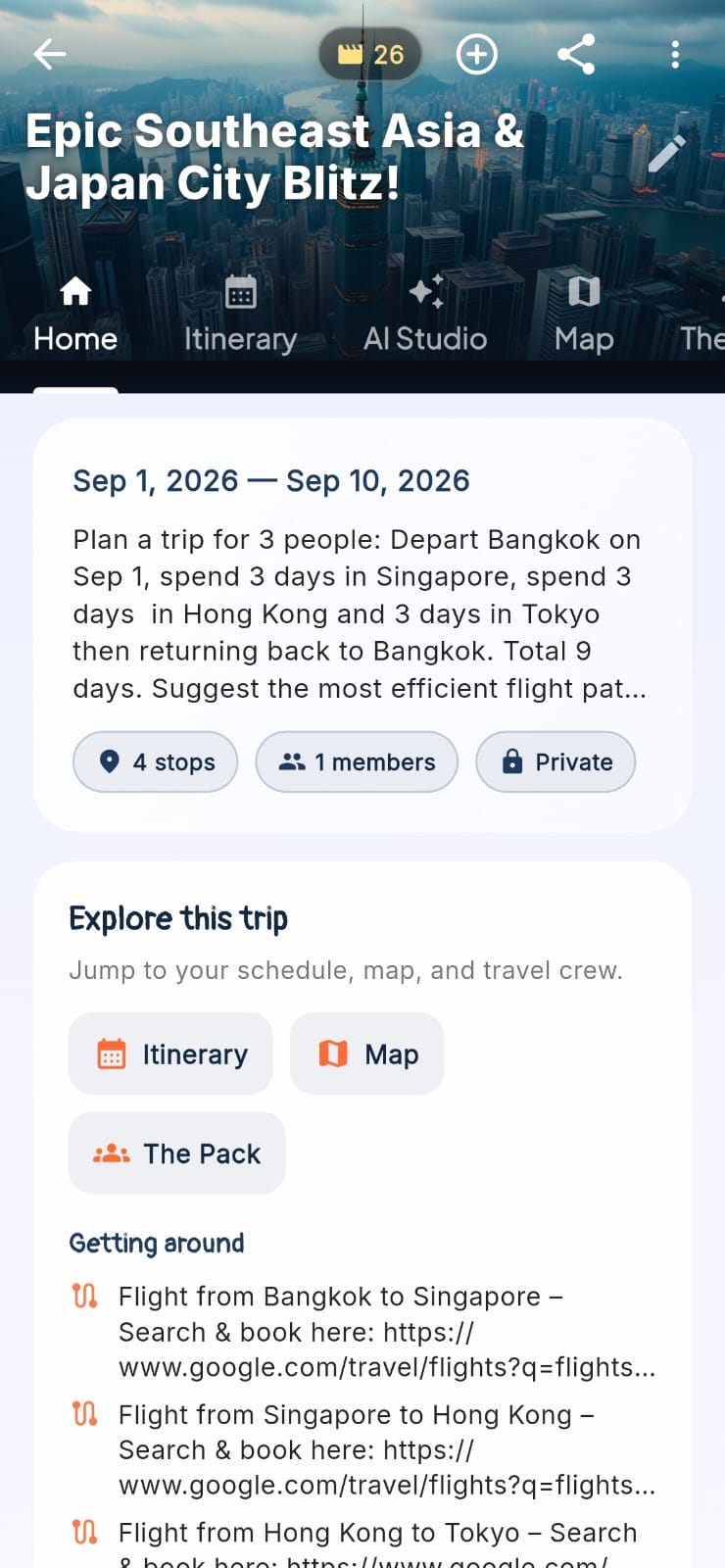 Trip hub: overview, legs, and quick links to itinerary and map